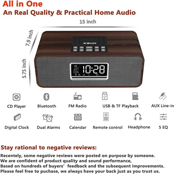 KEiiD Boombox Clock CD Player, Wooden Desktop Speakers Stereo System for Home with FM Radio Bluetooth 5.0 Streaming, 5 EQ Preset USB TF AUX Headphone Jack Sleep Timer