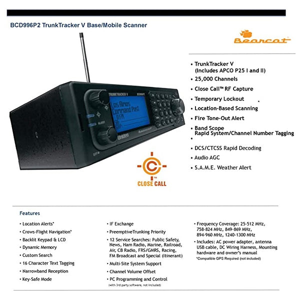 Uniden BCD996P2 Digital Mobile TrunkTracker V Scanner, 25,000 Dynamically Allocated Channels, Close Call RF Capture Technology, 4-Line Alpha display, Base/Mobile Design, Phase 2, Location-Based Scanning