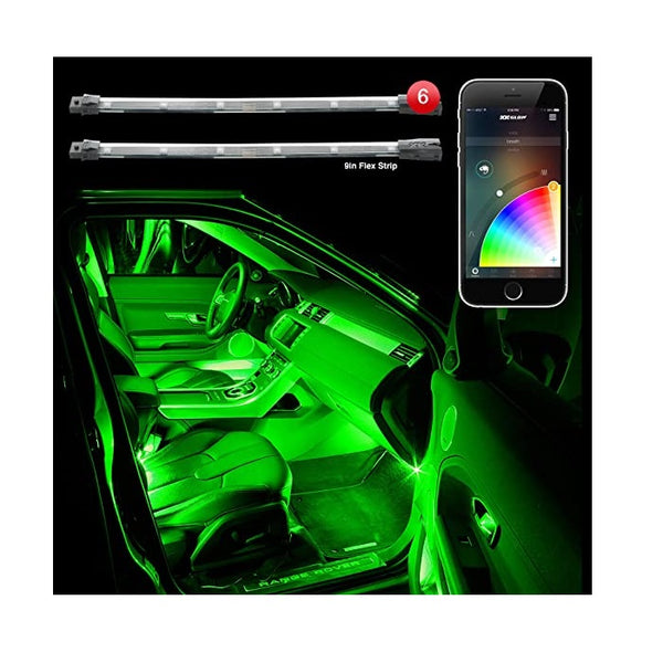 6pc 10" 2nd Gen Flexible Strip Car Interior Grill XKchrome App Control Under Car LED Accent Light Kit Millions of Colors Patterns Dual Zone Music Sync Smart Brake Feature